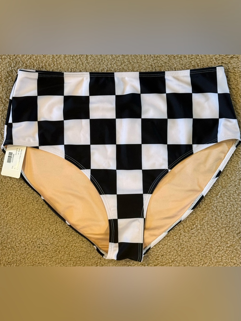 High-Waist Checkerboard Swim Bottoms - Black & White
